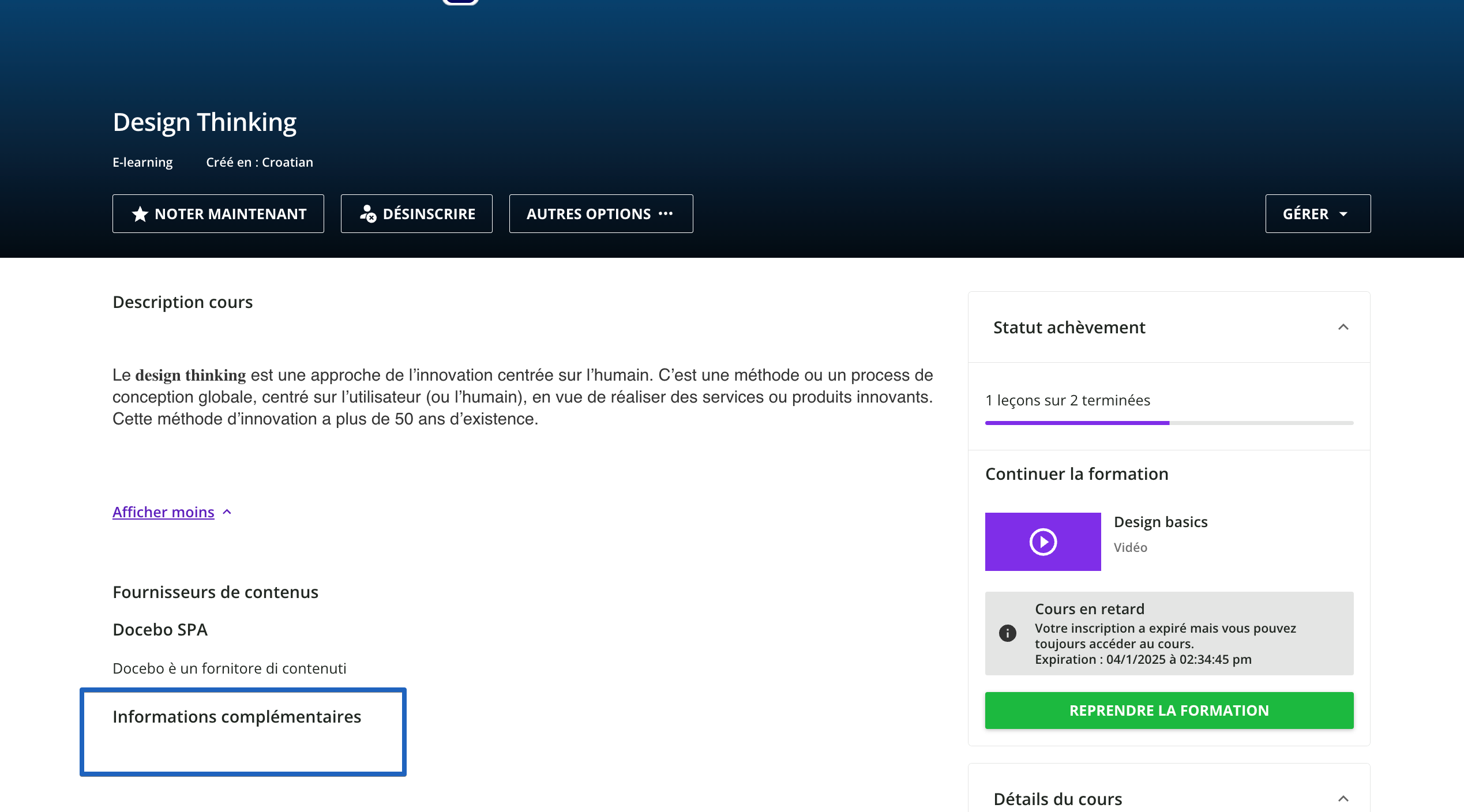 vue champ supplémentaire sur la page de présentation du cours