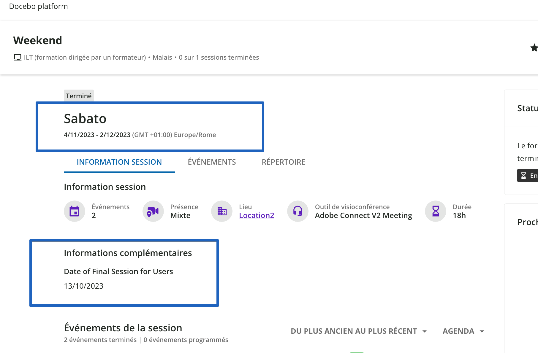 vue champ supplémentaire sur la page de présentation des sessions