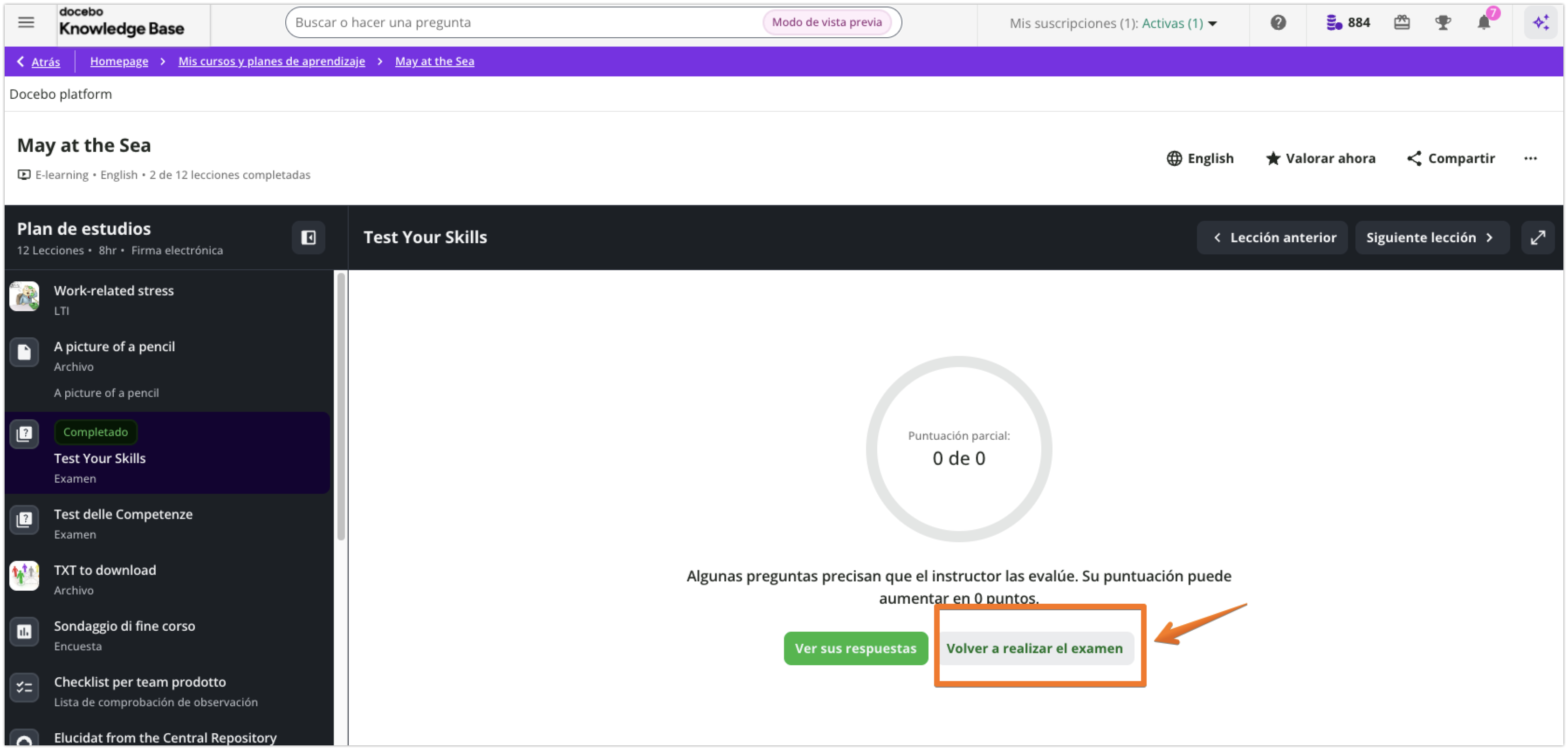 Opción Volver a realizar el examen