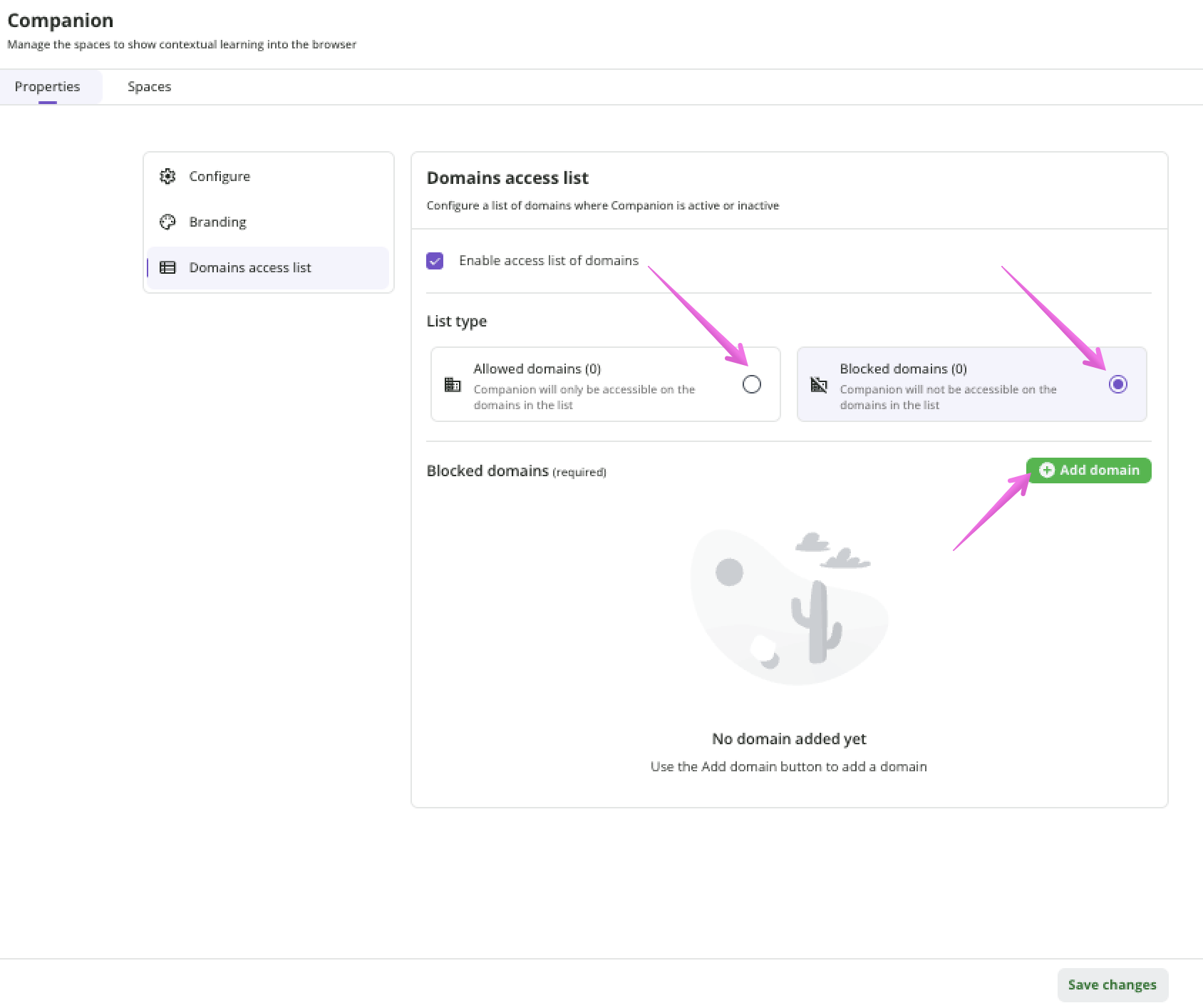 Selecting the allowed or blocked domains lists options and adding a domain