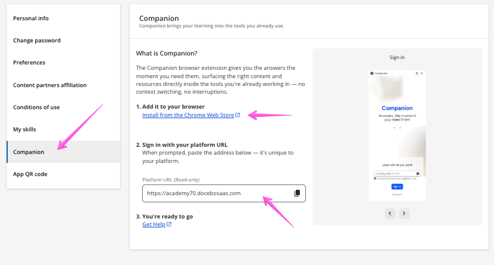 Accessing the Companion section of My profile