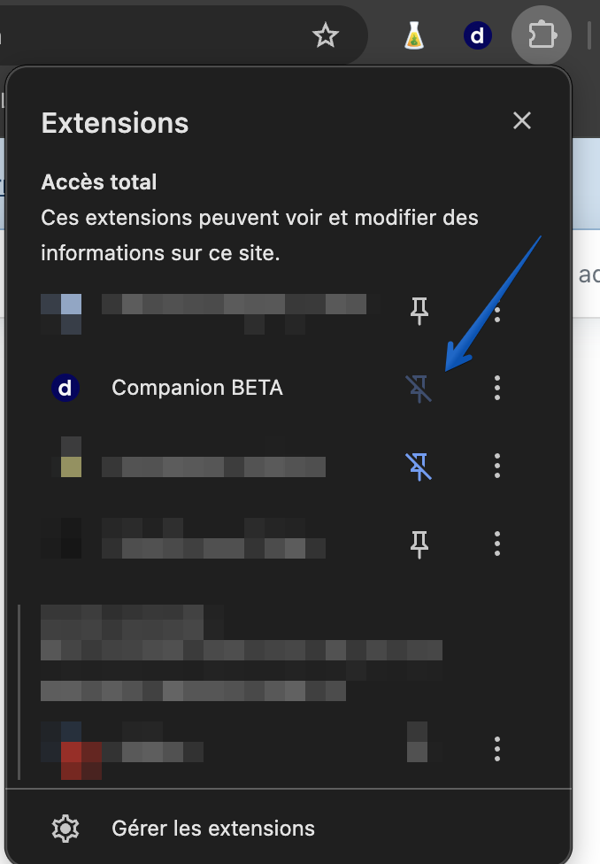 Épingler l’extension Companion au menu du navigateur