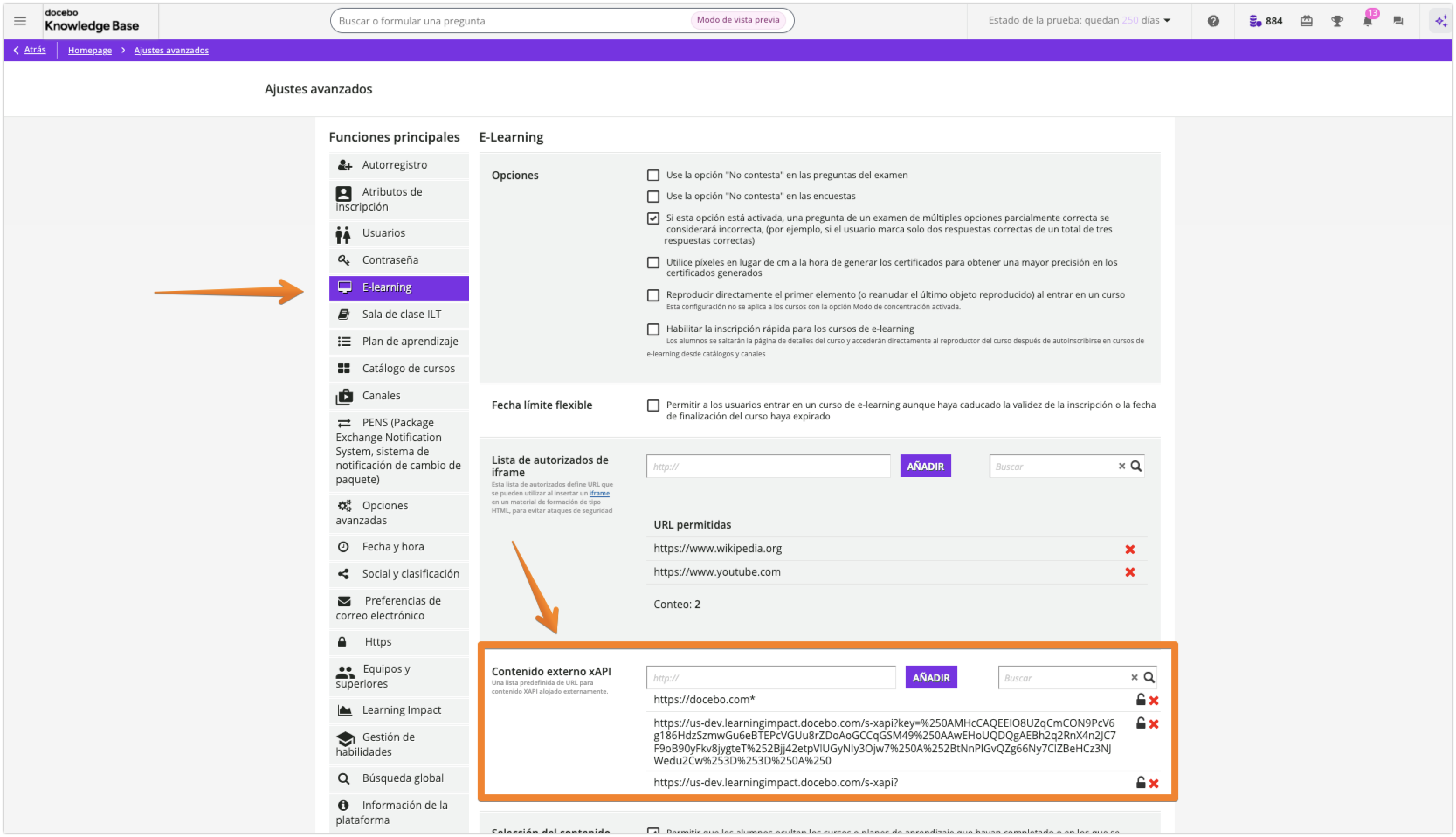 Configuración de xAPI en los ajustes avanzados