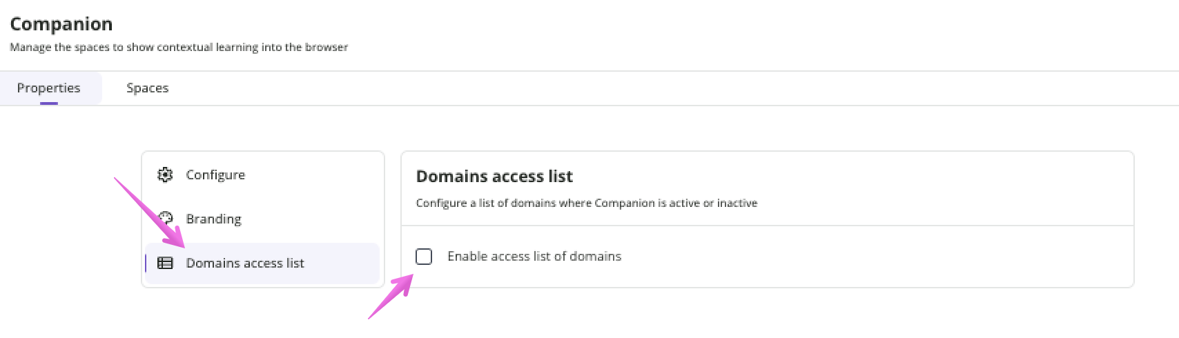 Accessing the domains access list section and selecting Enable access list of domains