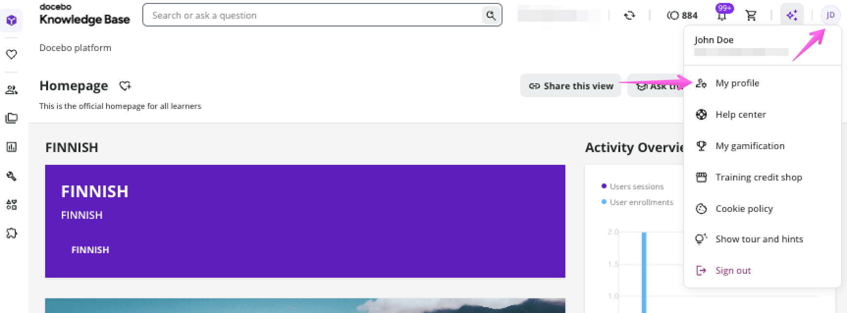 Accessing My profile in the Docebo platform