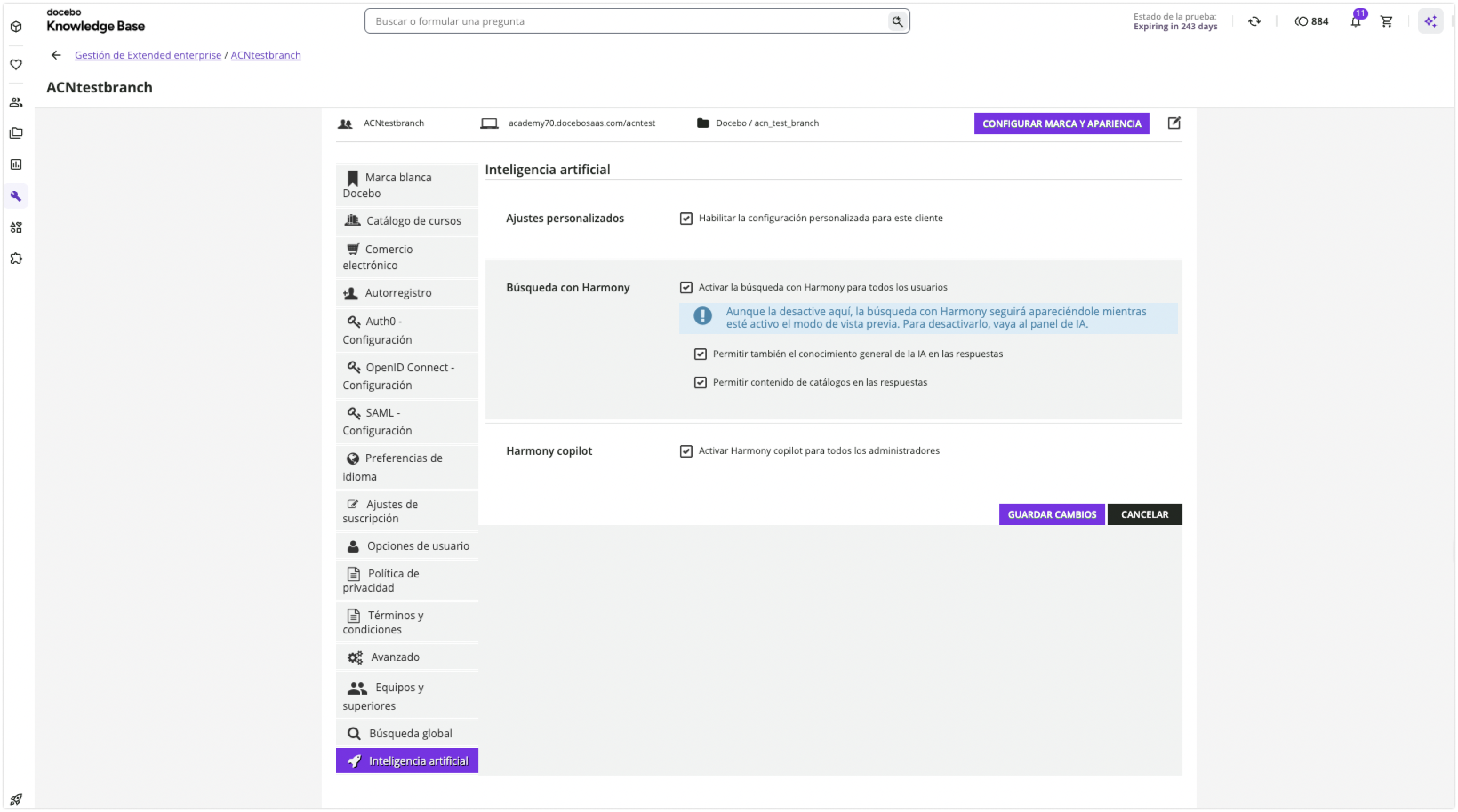 Ajustes de inteligencia artificial en Extended enterprise