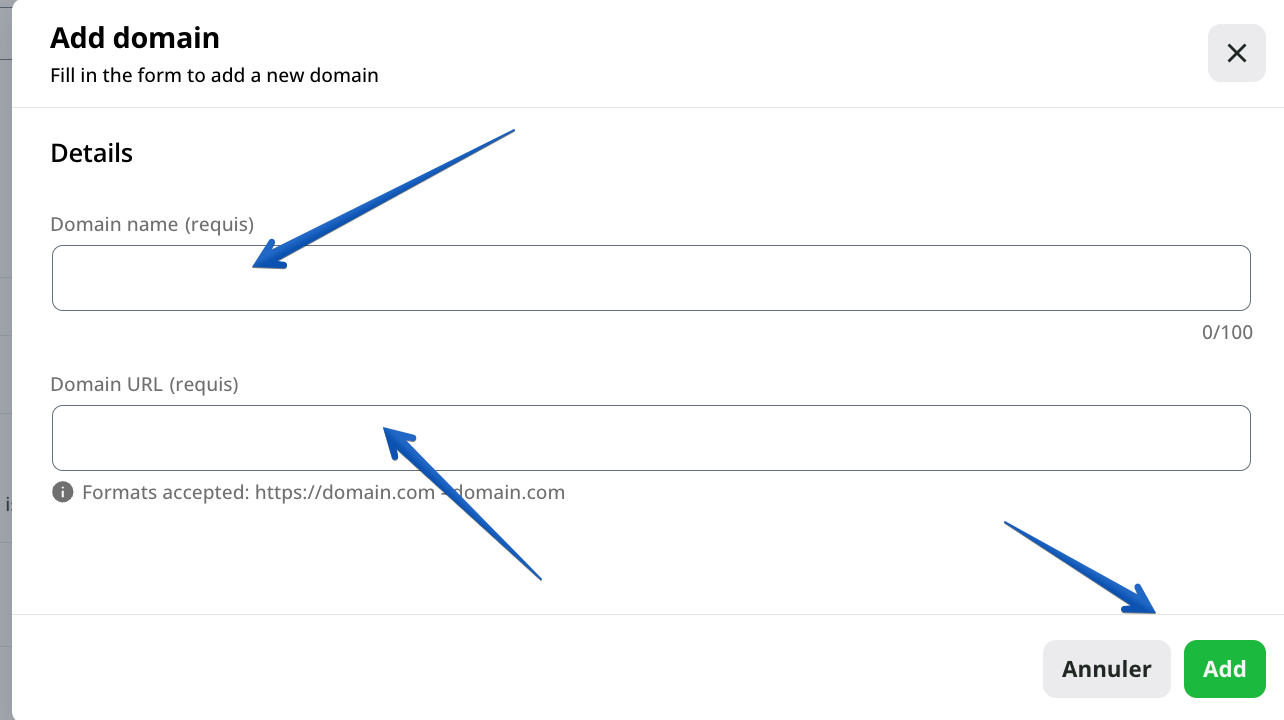 Ajouter un nom et une URL de domaine pertinents, puis appuyer sur le bouton Ajouter.