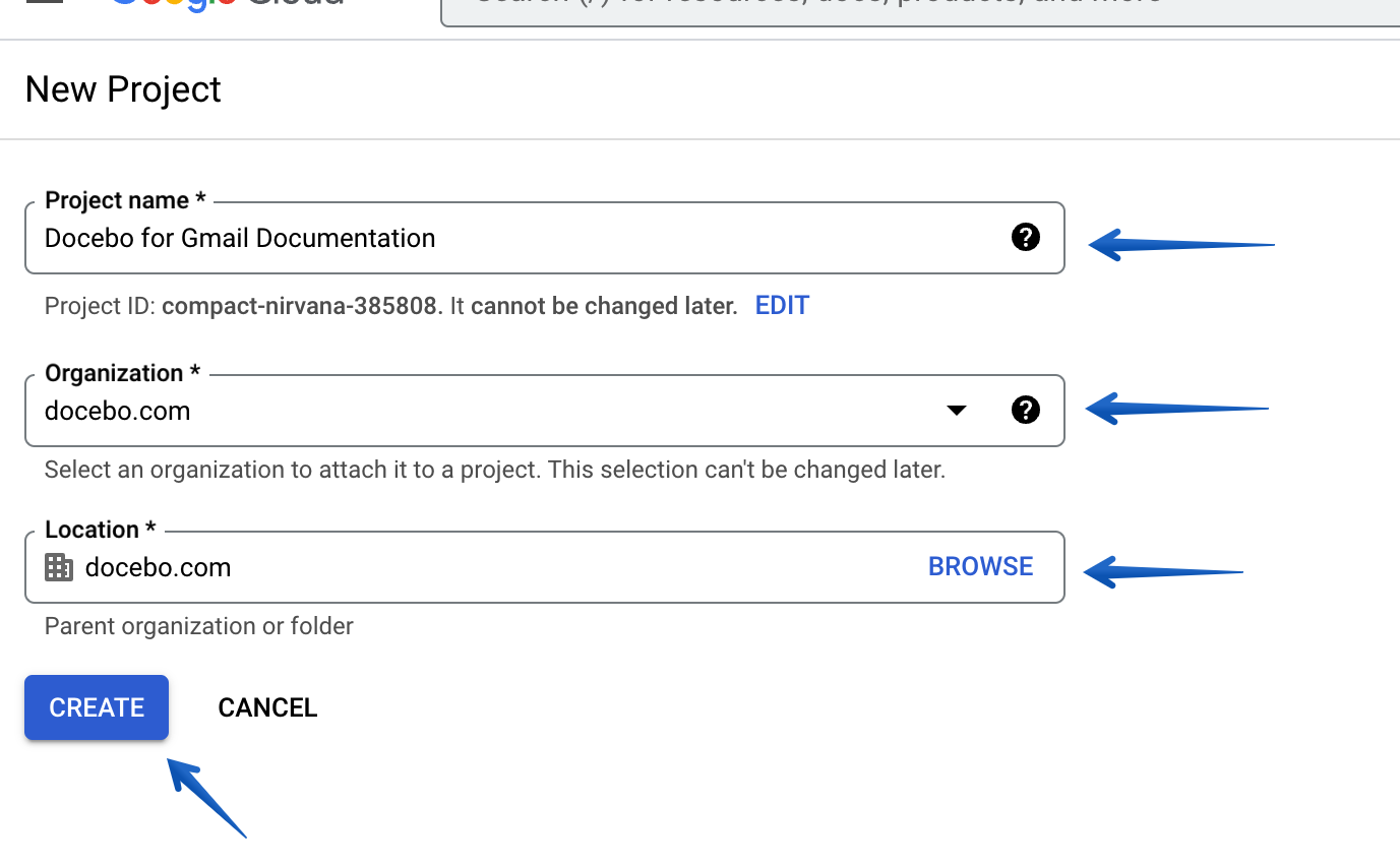 Naming the project, setting the organization and location and then pressing the Create button