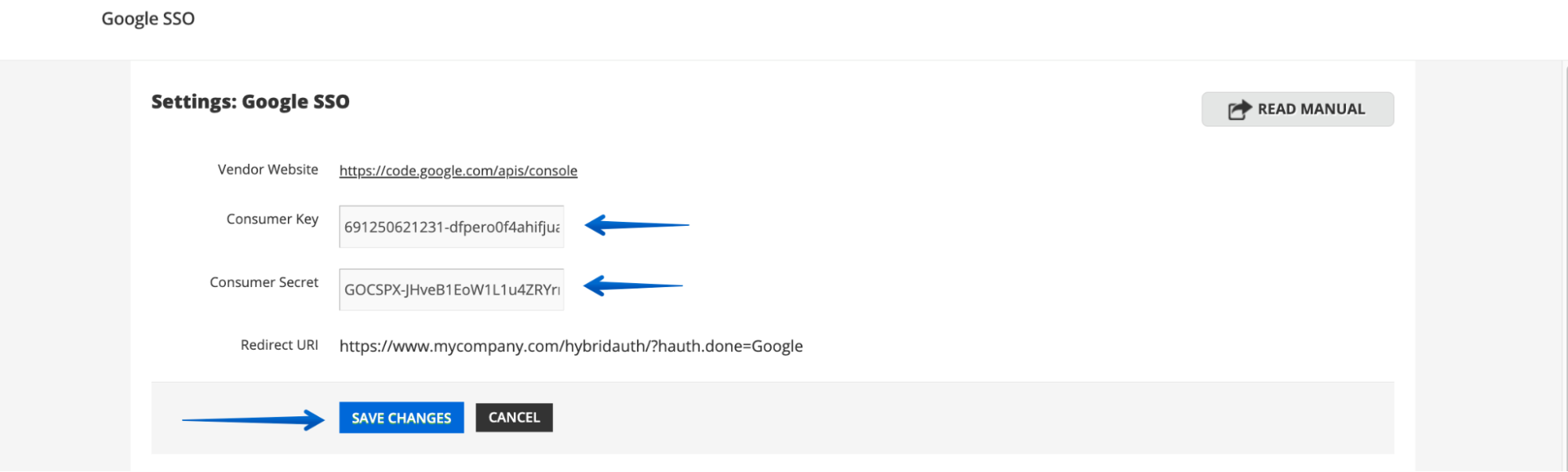 Pasting the Client ID and Client Secret into the Docebo for Gmail Administration screen and pressing Save Changes