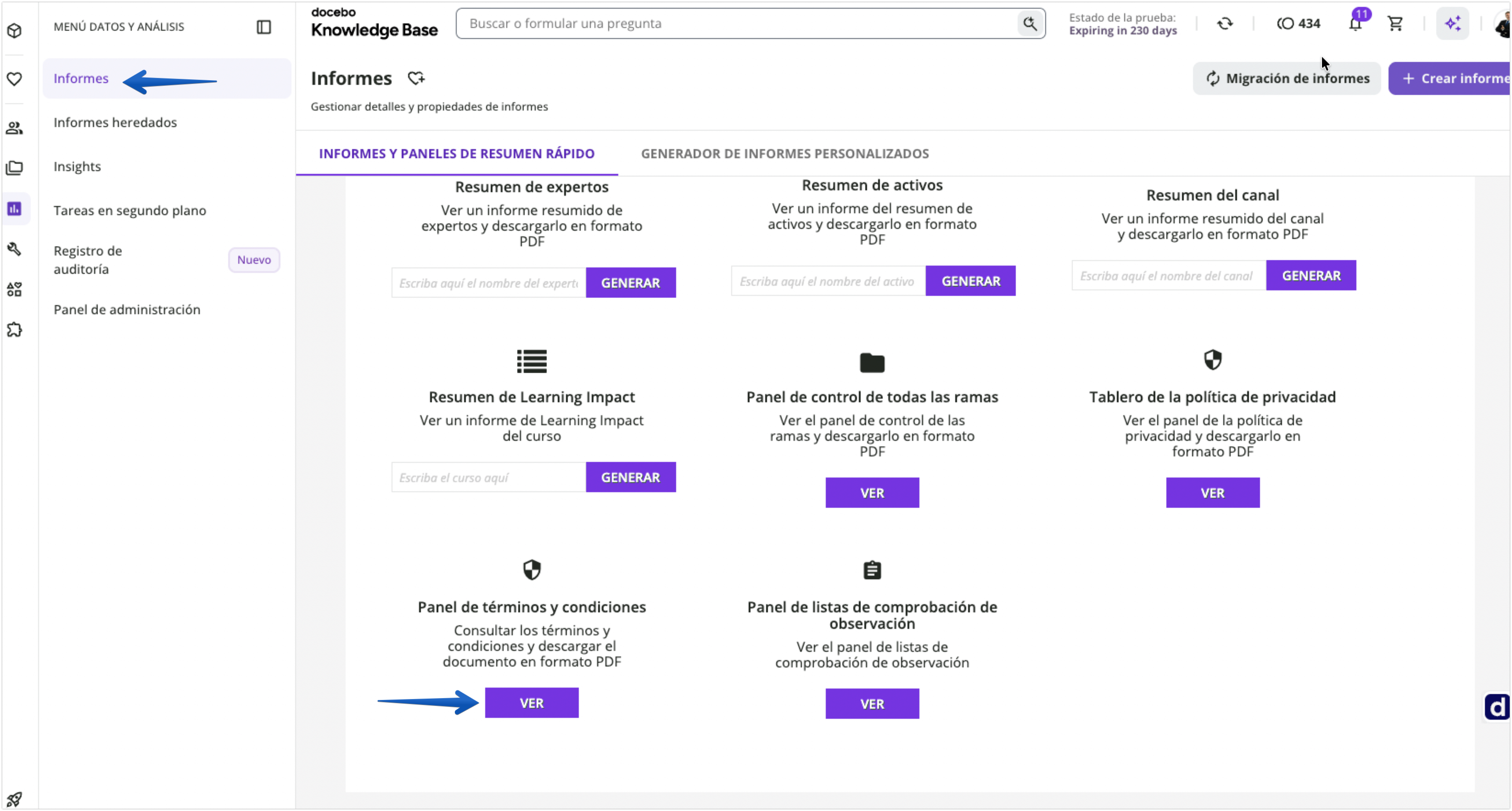 Panel de términos y condiciones