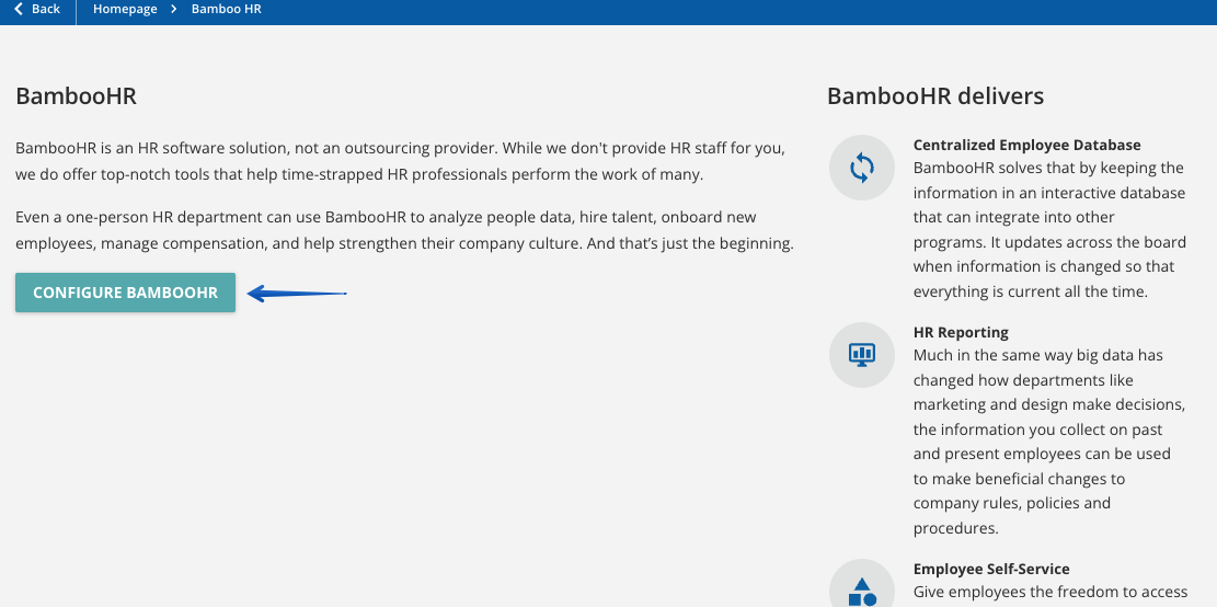 L'écran de configuration initial de BambooHR