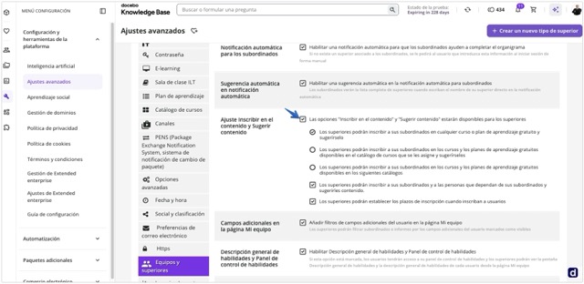 Ajustes de permisos para superiores en los ajustes avanzados