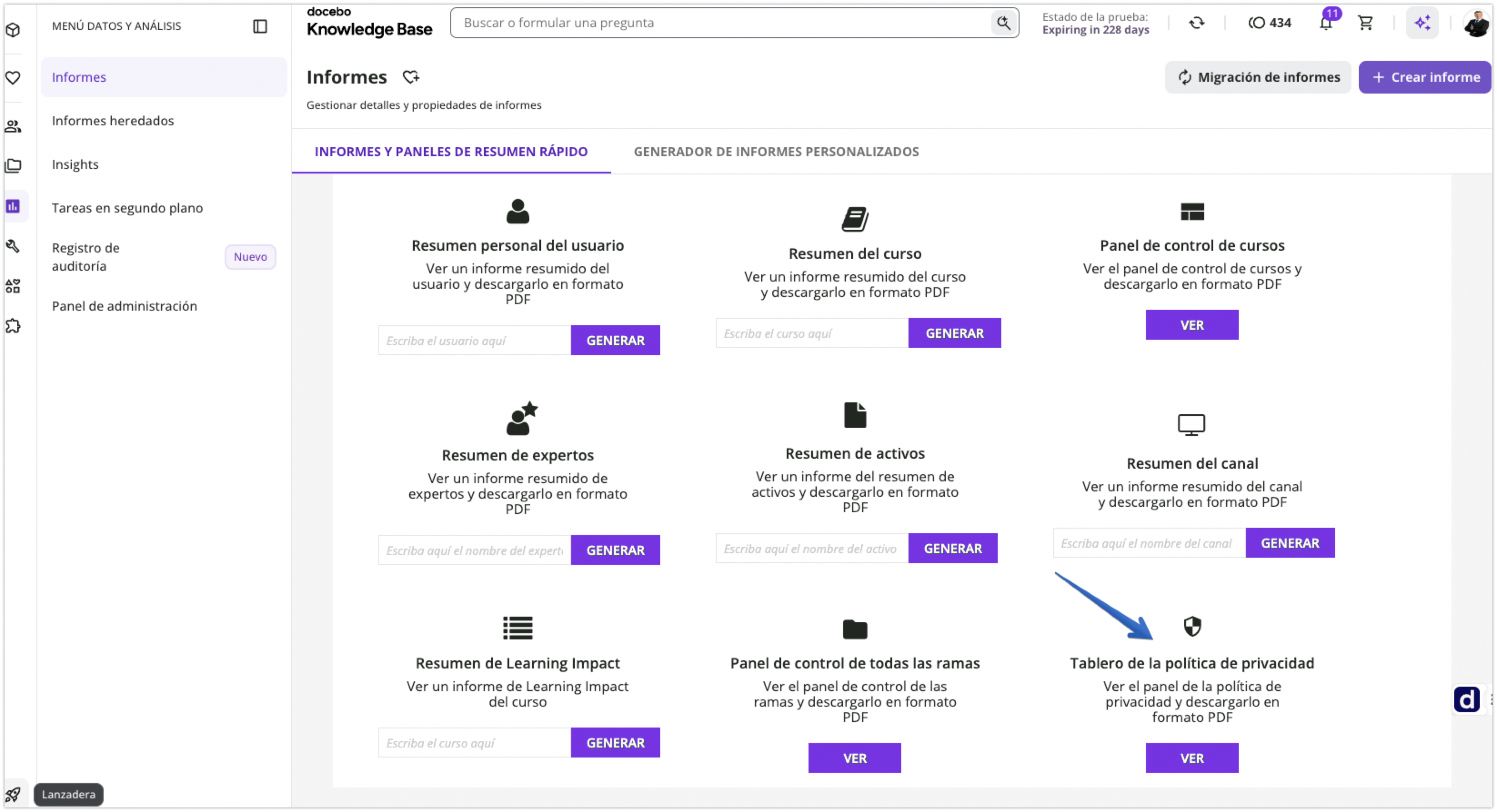 Vista del tablero de la política de privacidad