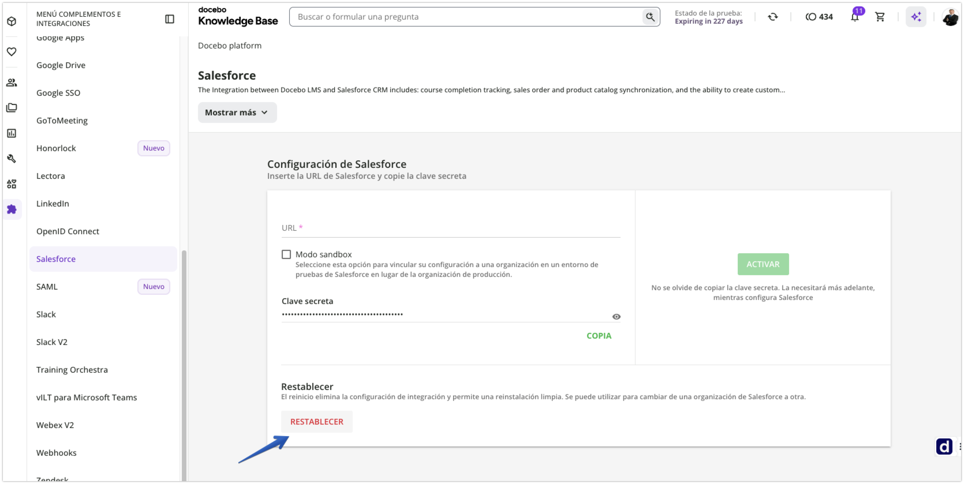 Menú Salesforce con la opción de restablecer