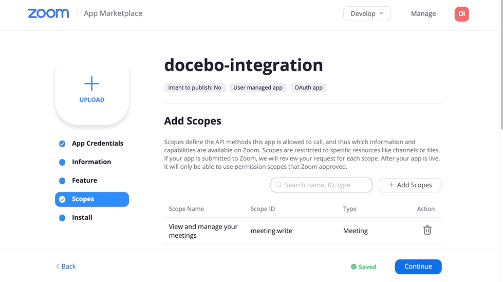 Configuring the Zoom account in docebo