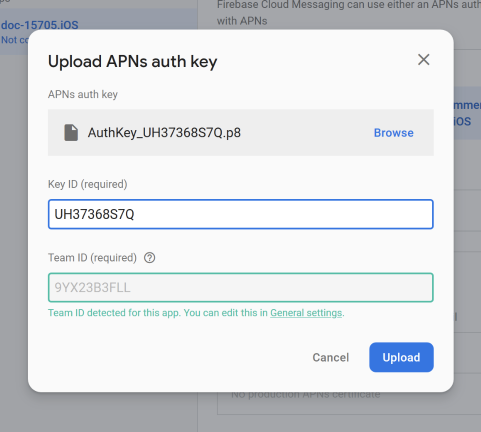 upload APNs auth key