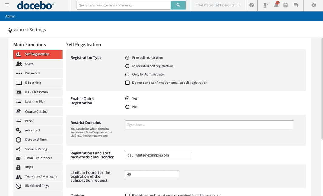 Changing the enrollement links options from the advanced settings