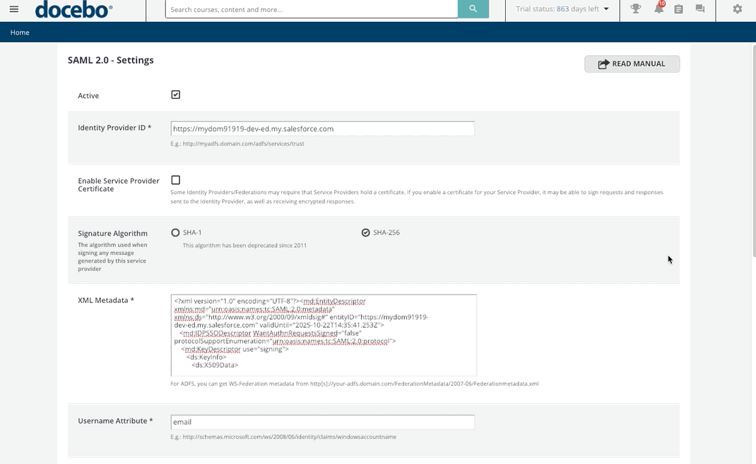 SAML 2.0 Settings