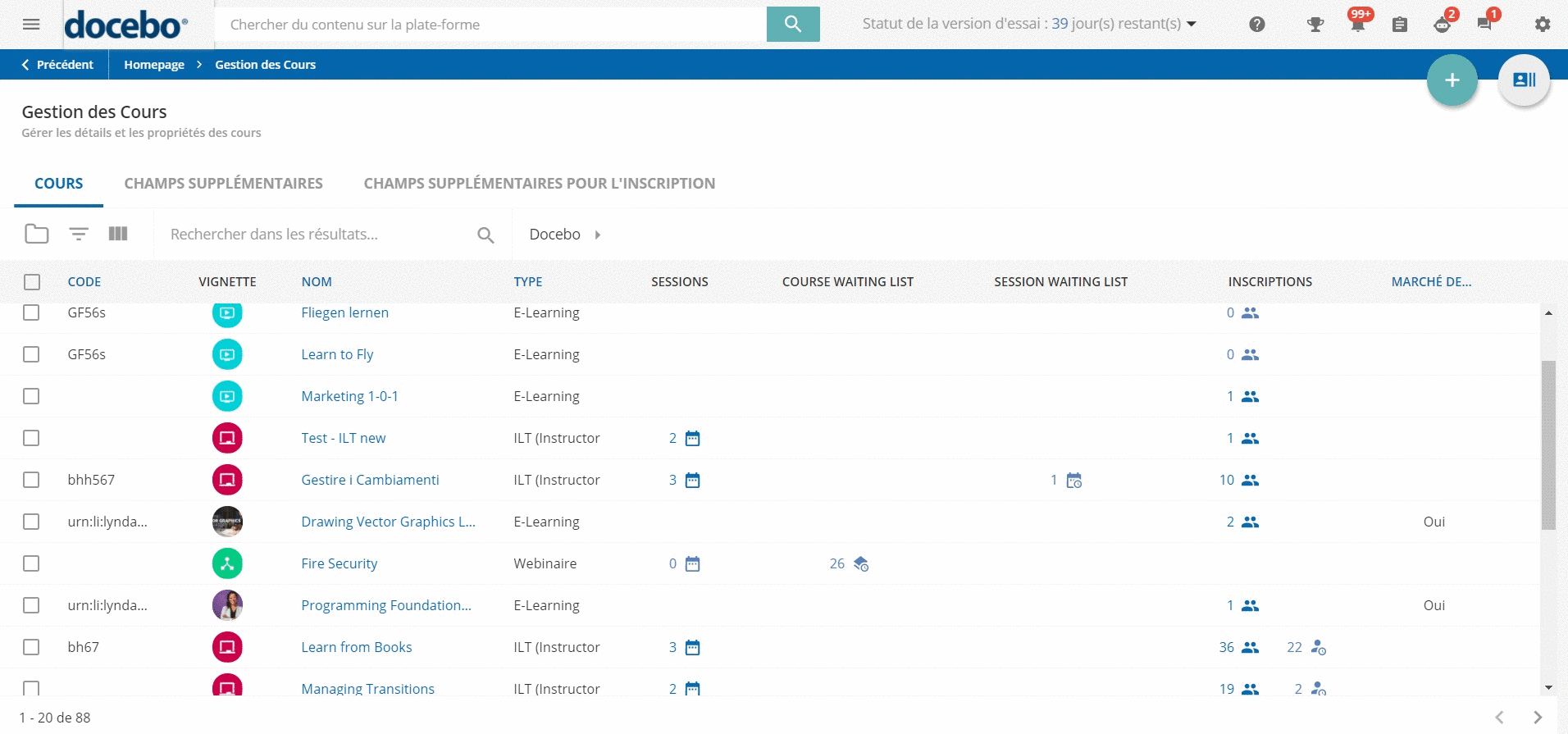 Gestion des colonnes de la page de cours