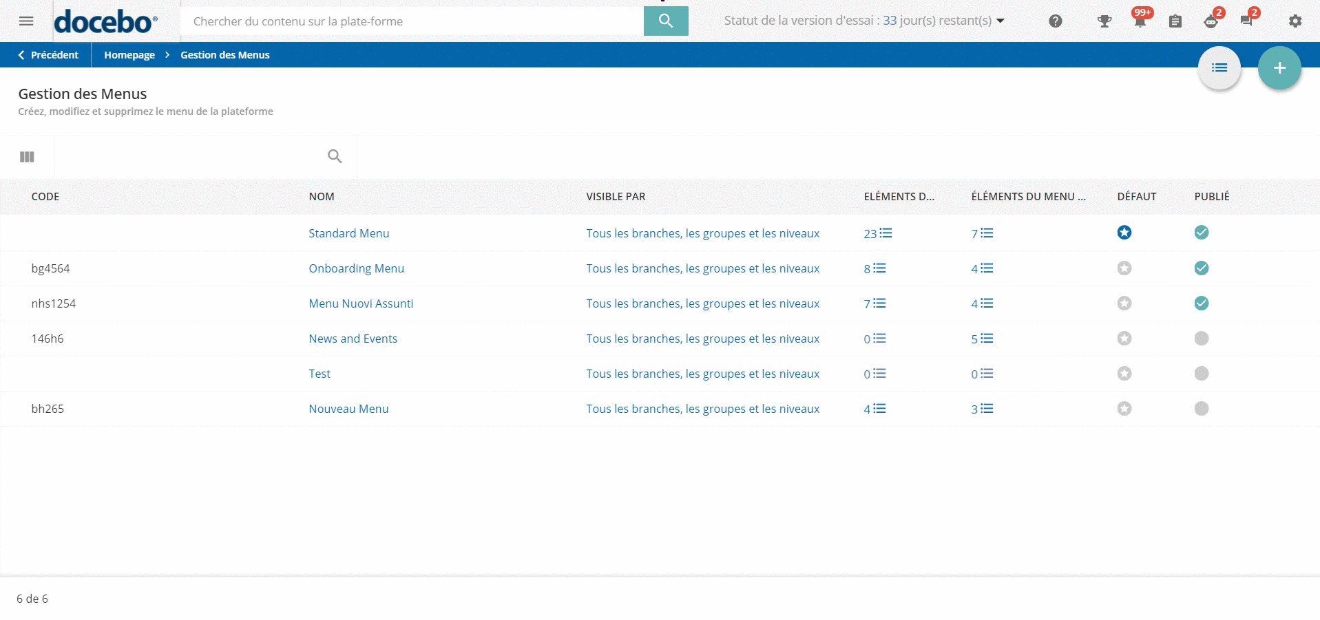 Publier les menus