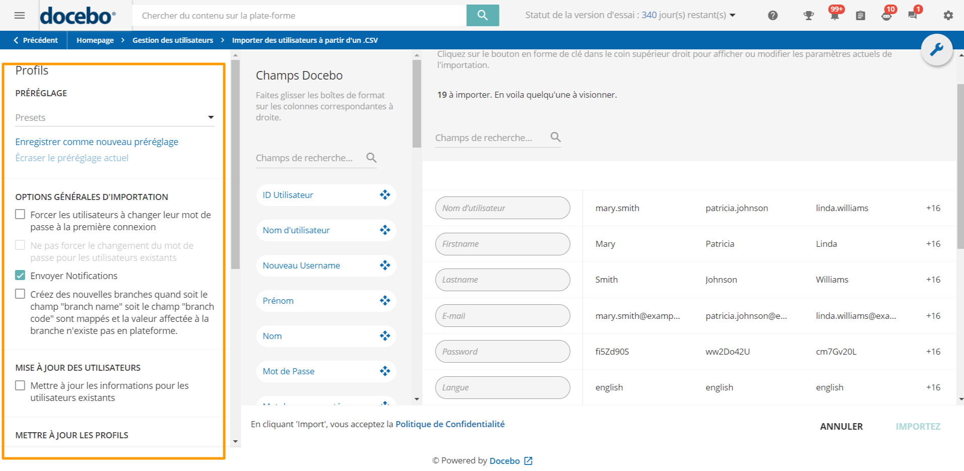 Paramètres du fichier CSV