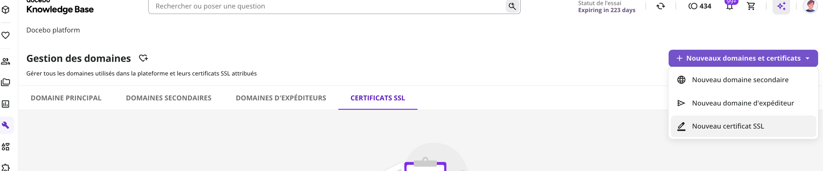 Gestion des domaines - Cliquer sur nouveau certificat SSL