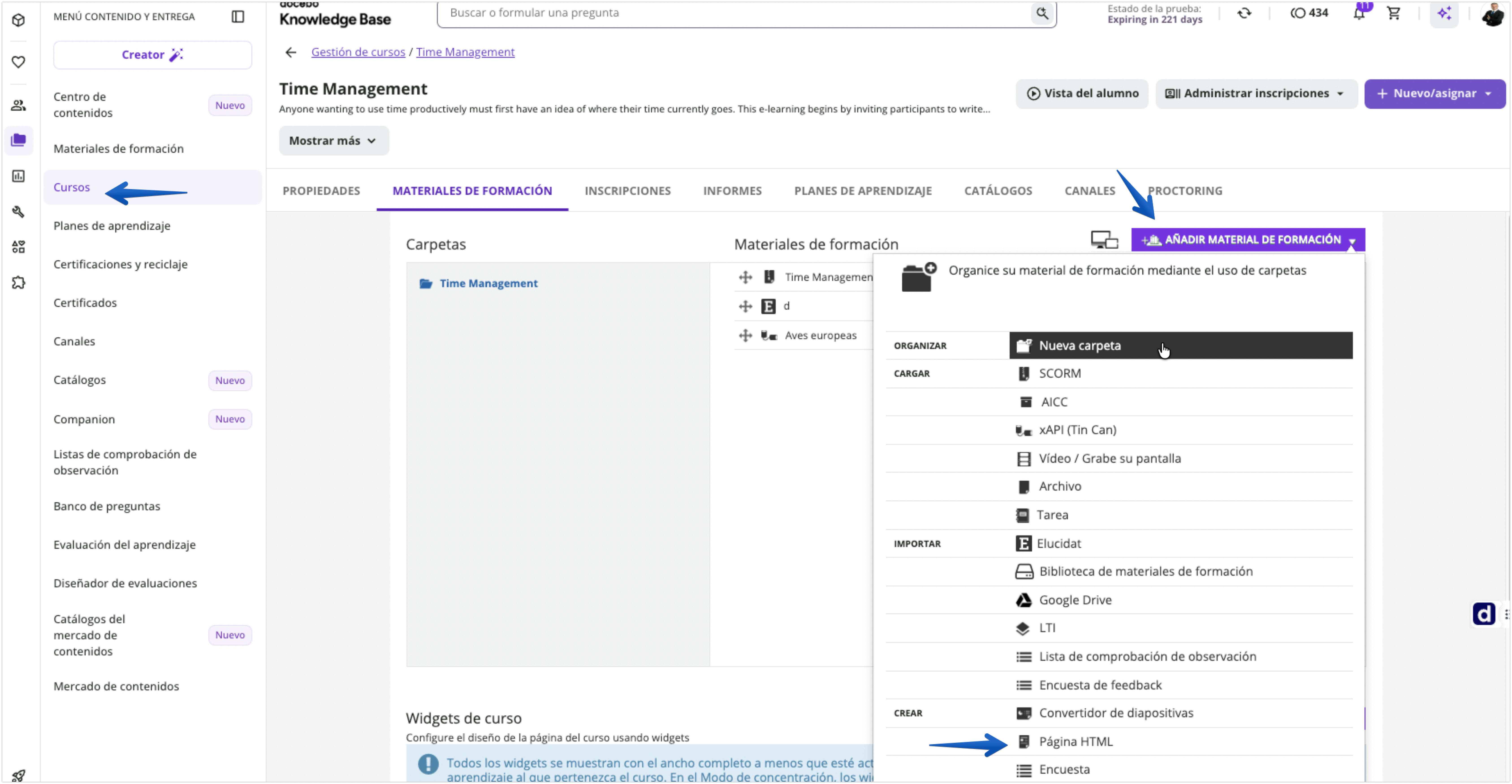 Adición de una página HTML como material de formación