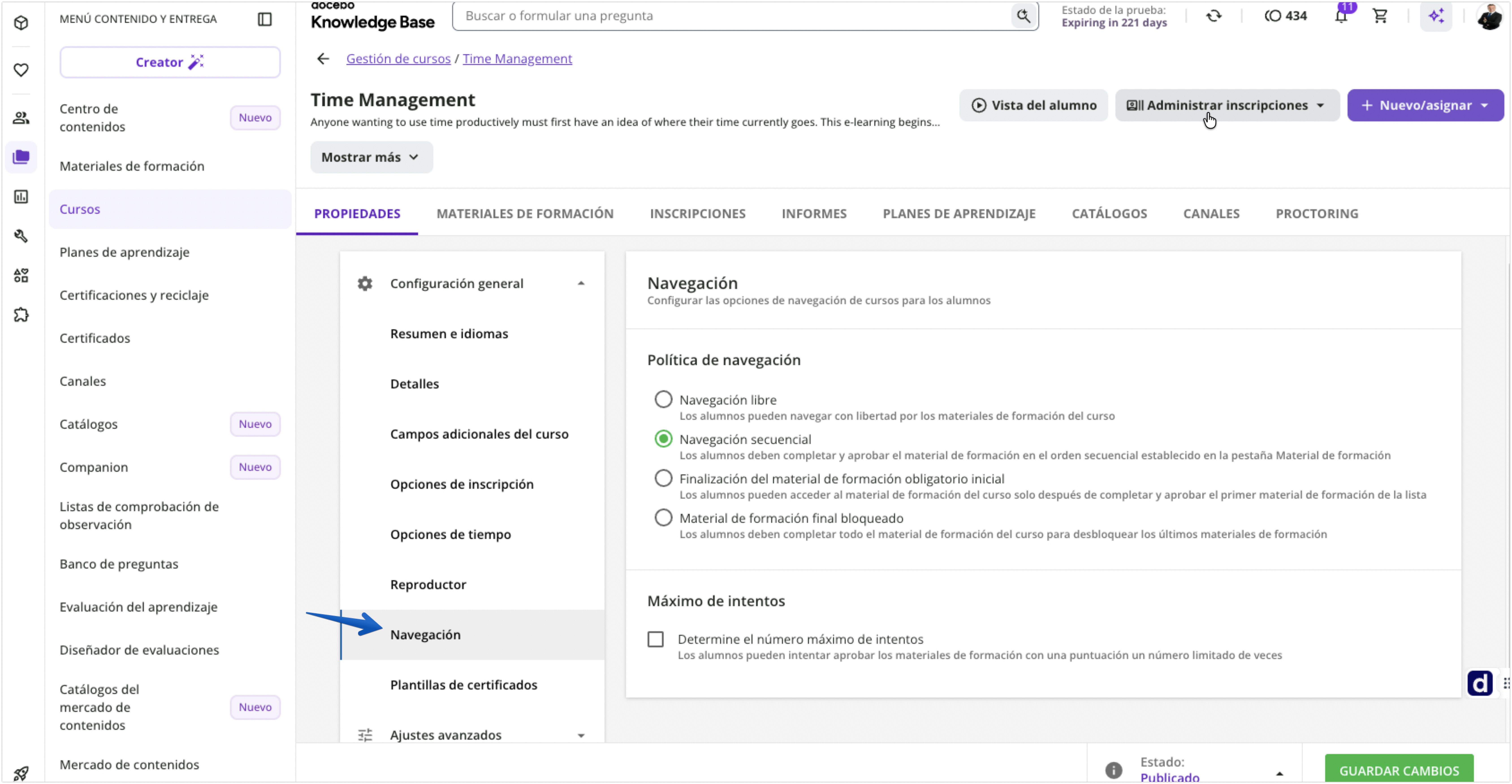 Configuración de la navegación del curso