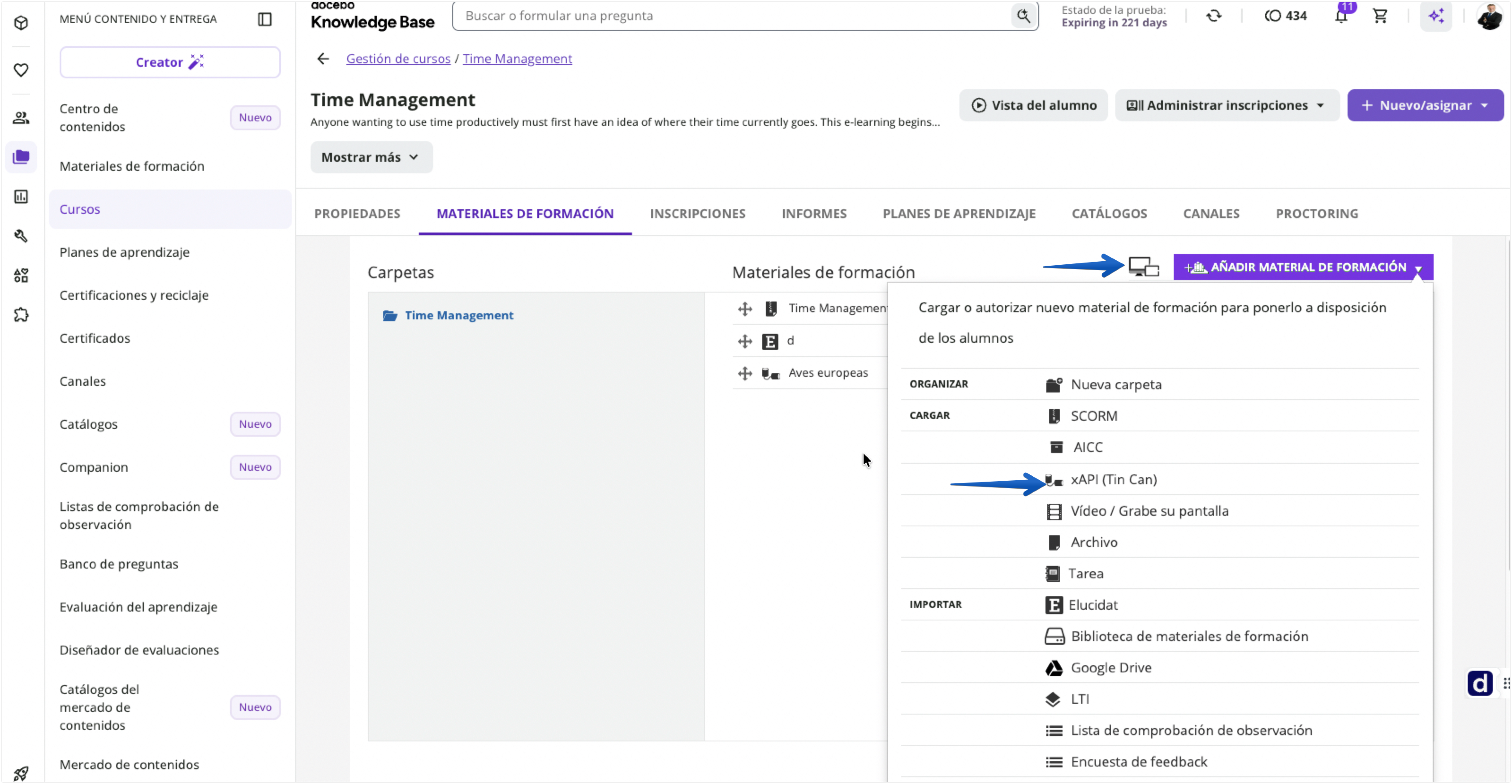 Adición de un material de formación xAPI