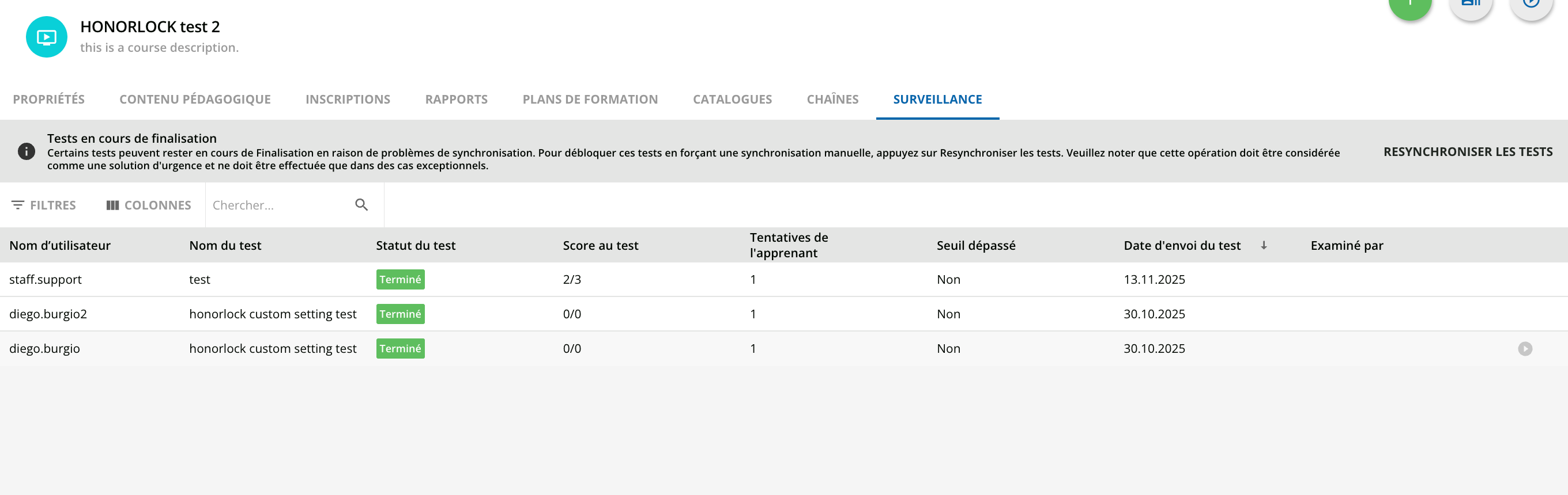 La liste des apprenants
