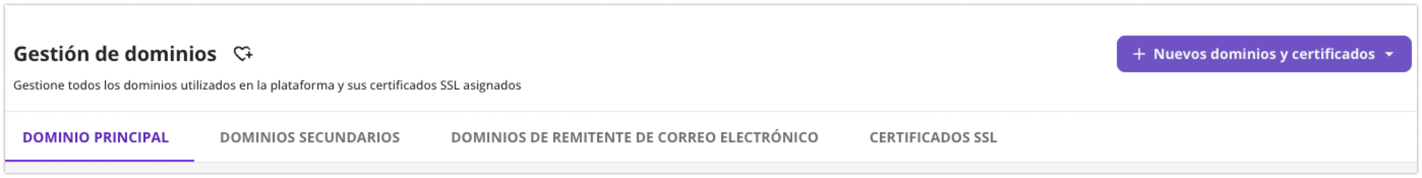 Página principal de Gestión de dominios