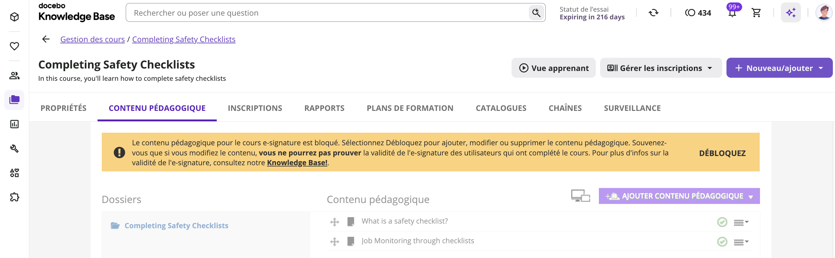 Gérer et débloquer le contenu pédagogique