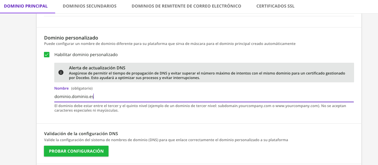 Área Dominio personalizado