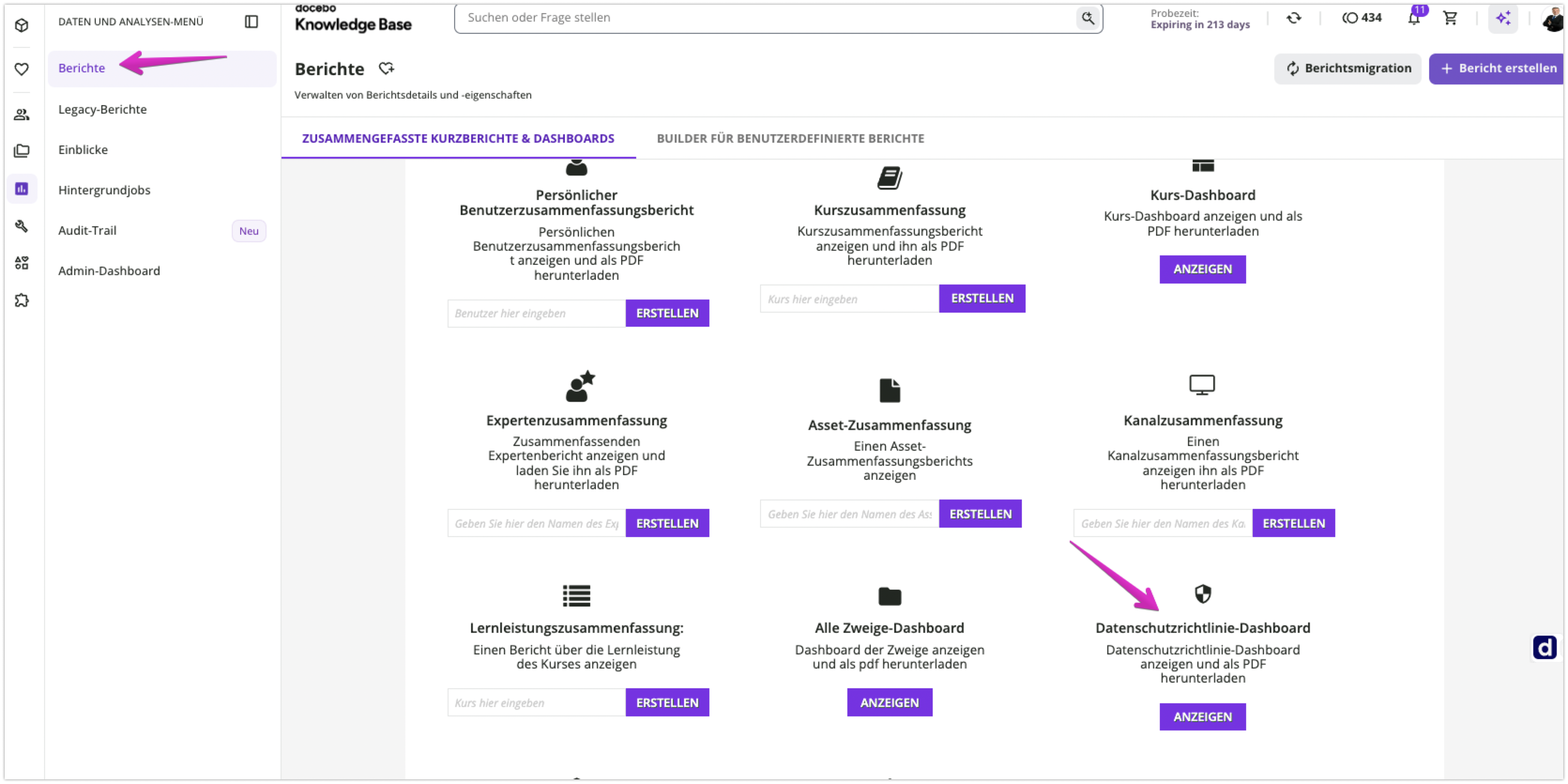 Datenschutzrichtlinie-Dashboard im Bereich Berichte