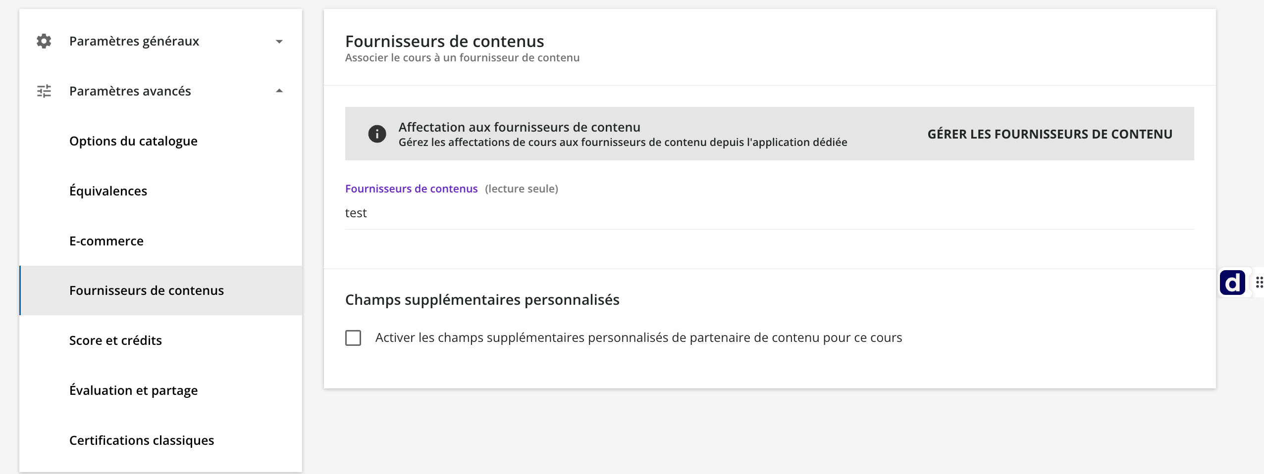 L'onglet Fournisseurs de contenu