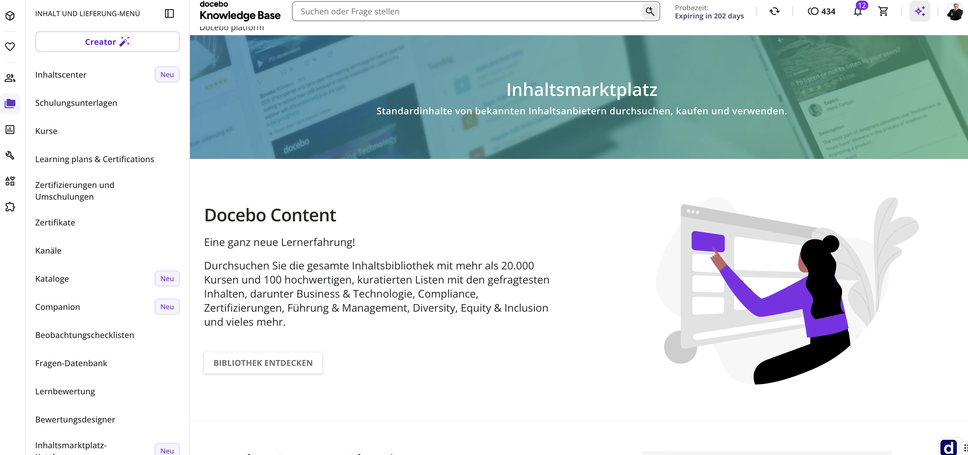 Hauptseite des Inhaltsmarktplatzes