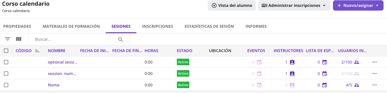 Sesiones de un curso ILT con la columna Estado