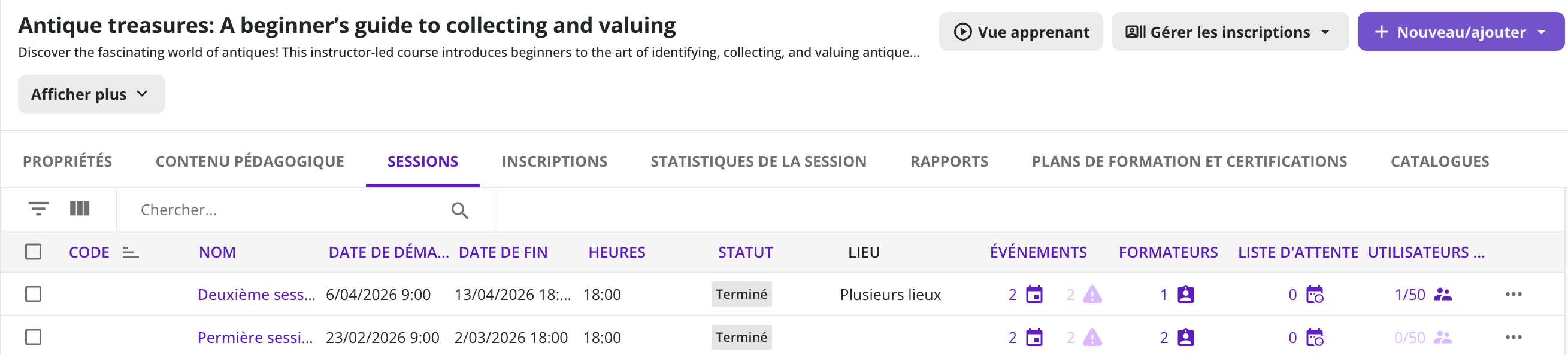 statut d’une session ILT
