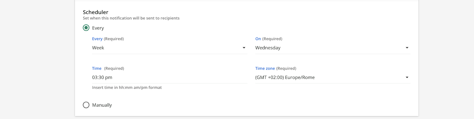 Configurazione della pianificazione della notifica.