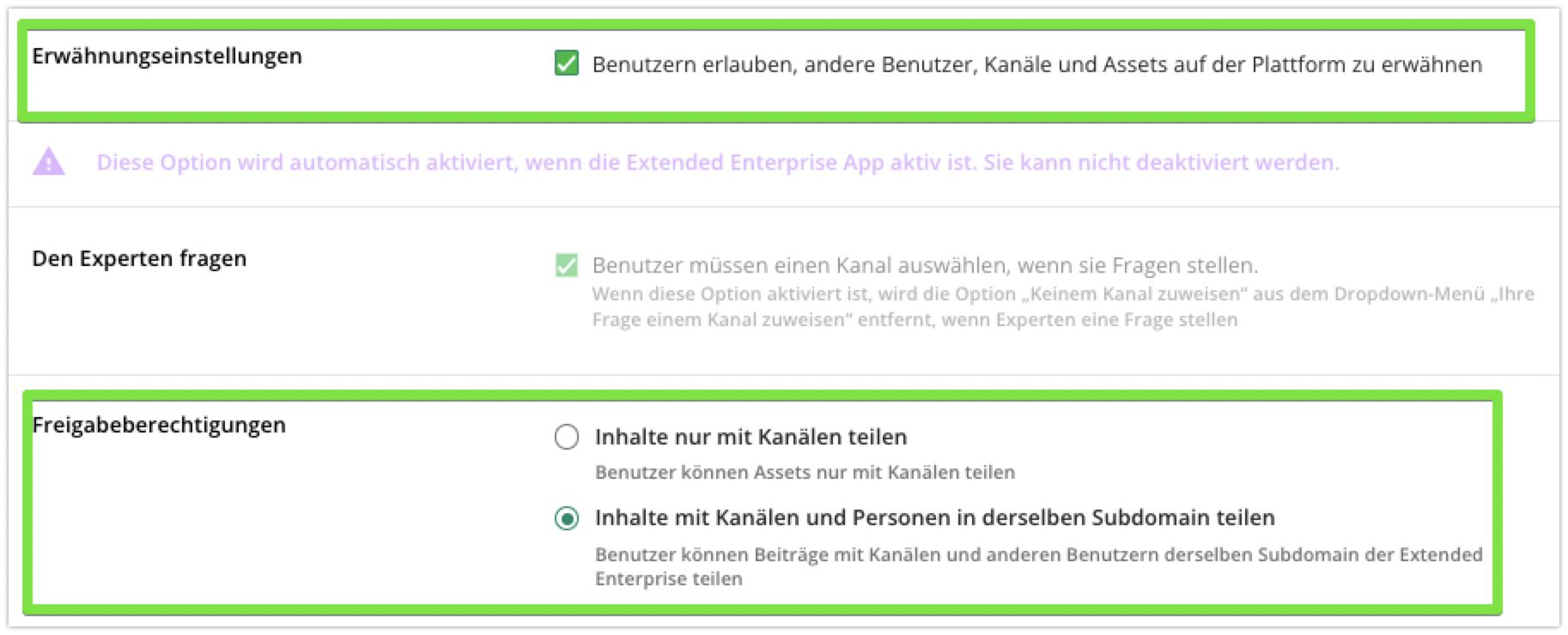 Erwähnungs- und Freigabeeinstellungen