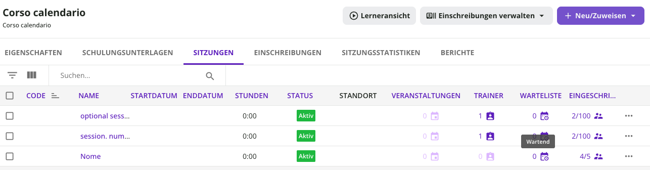 Registerkarte Sitzungen eines ILT-Kurses