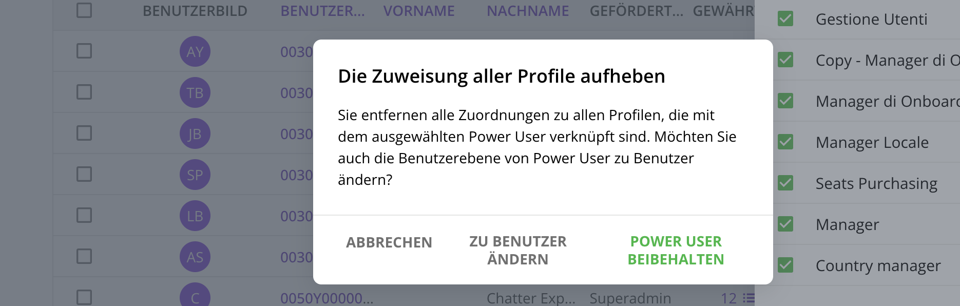 Pop-Up-Fenster zur Entfernung aller Benutzerprofile