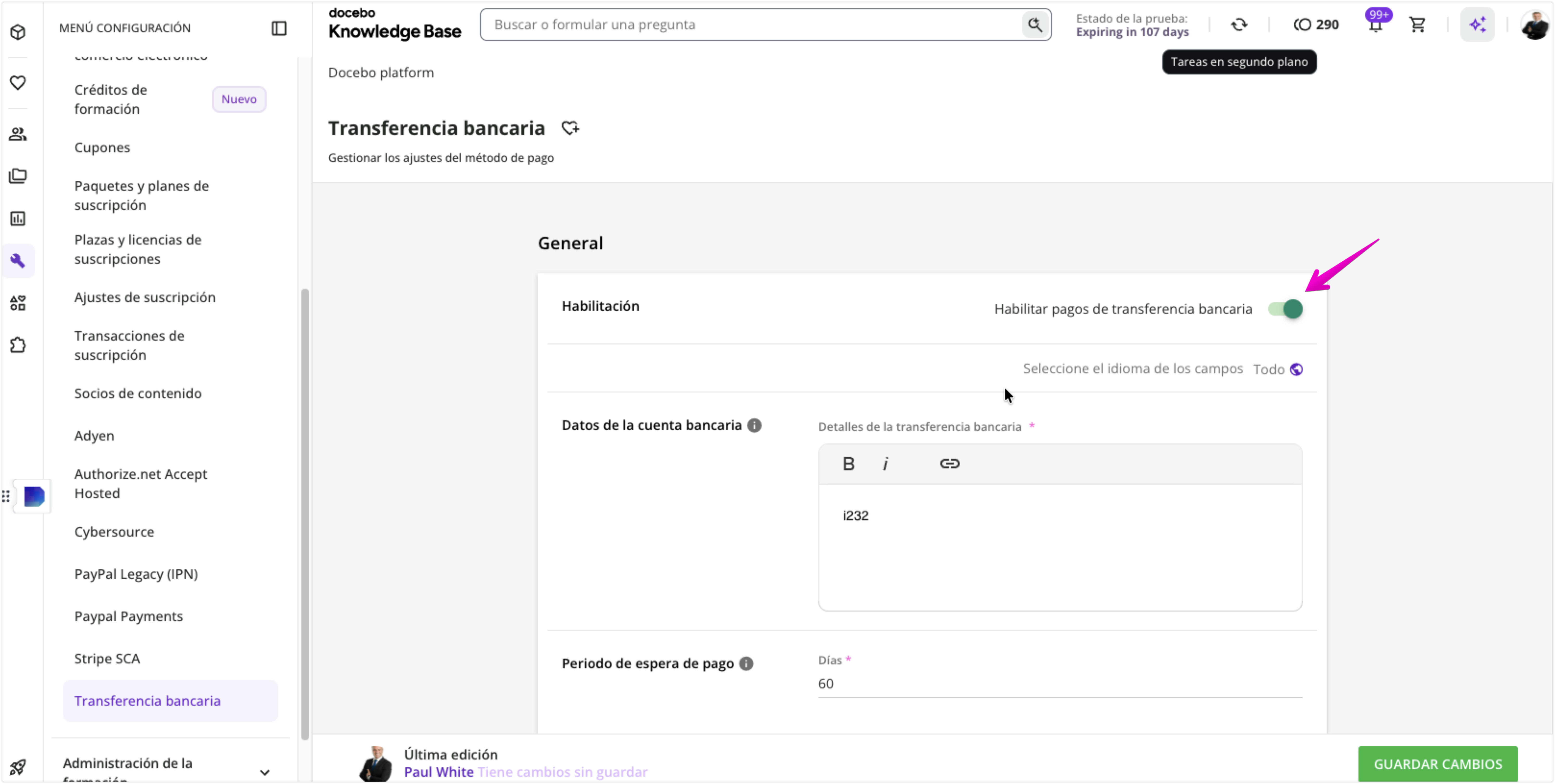 Activación de las transferencias bancarias