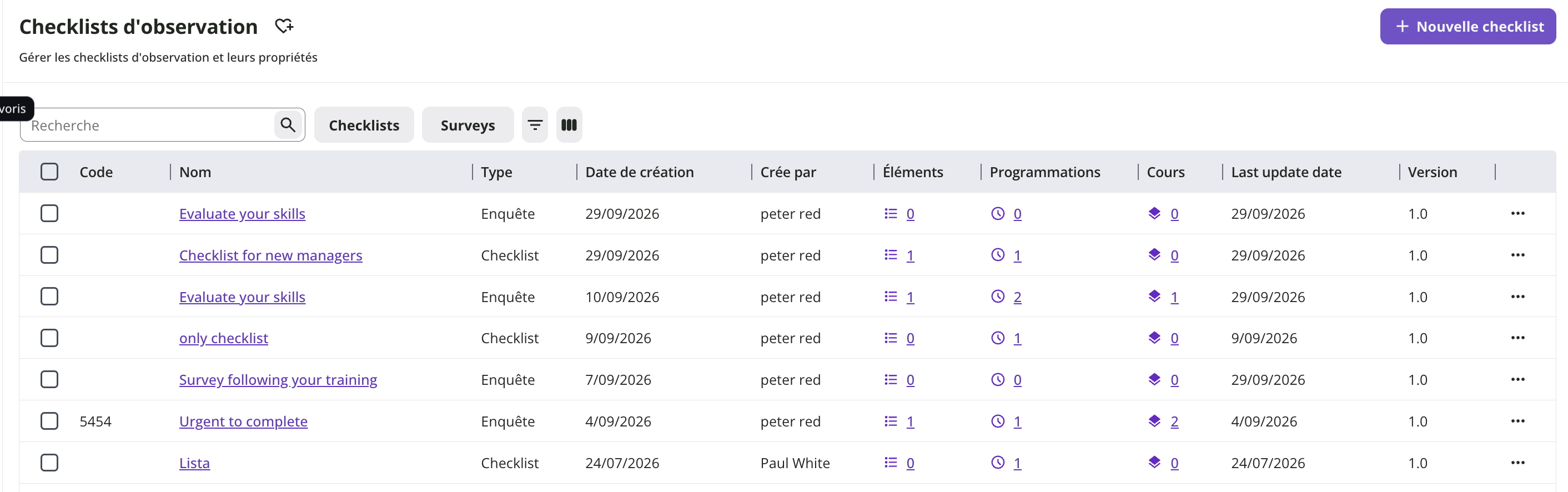 Page principale des checklists d’observation.