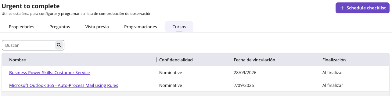 Vista de los cursos asignados a una lista de comprobación