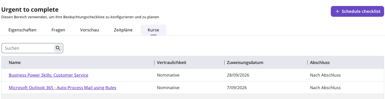 Registerkarte Kurse einer Umfrage