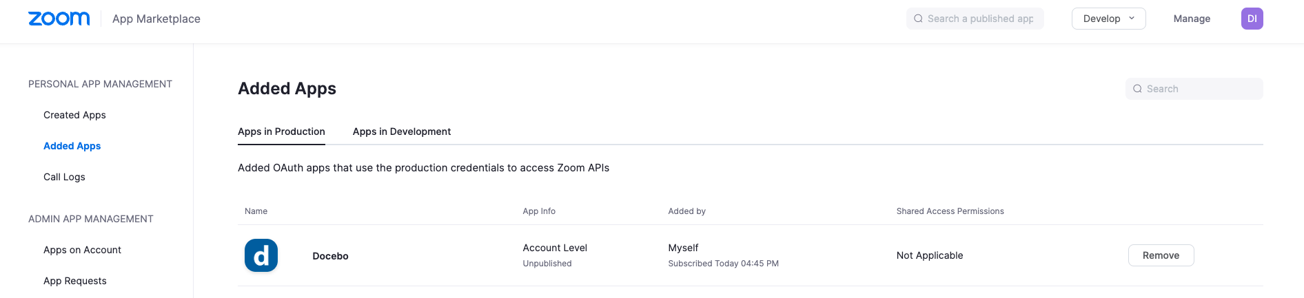 Verifica dell'App Marketplace in Zoom per l'app Docebo