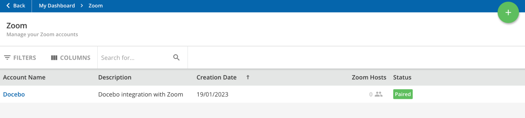 Estado de vinculación de la cuenta en la sección Zoom