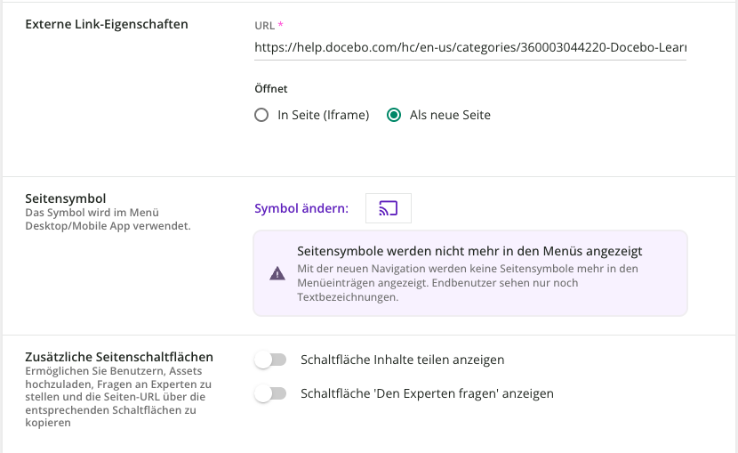 Externe Link-Eigenschaften und weitere Einstellungen