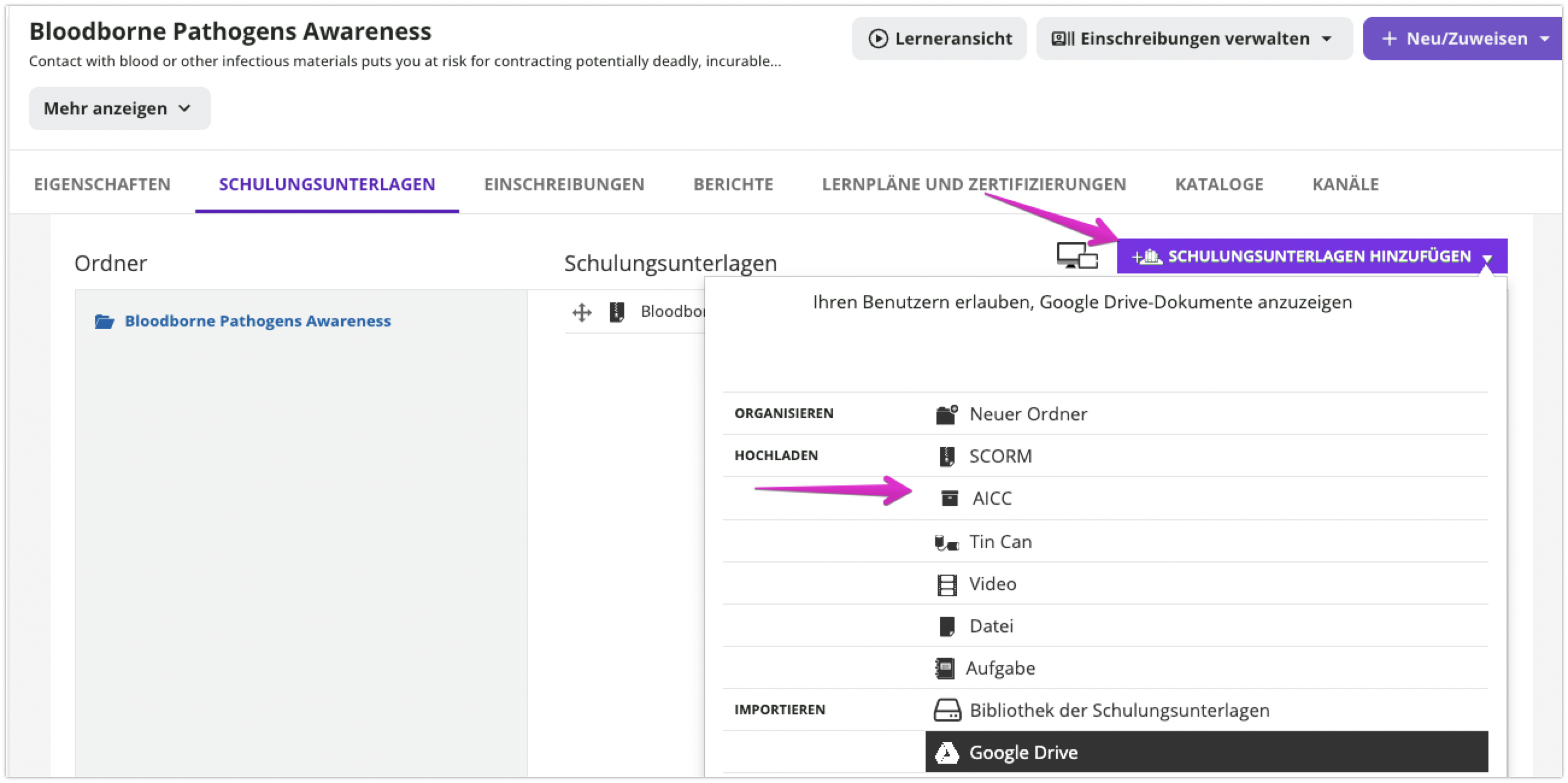 xAPI von einem Kurs aus hochladen